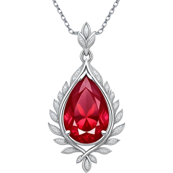 teardrop ruby pendant with fiery light, tiny phoenix feather emerging, haloed by shimmering white stones, silver chain like liquid moonlight emoji