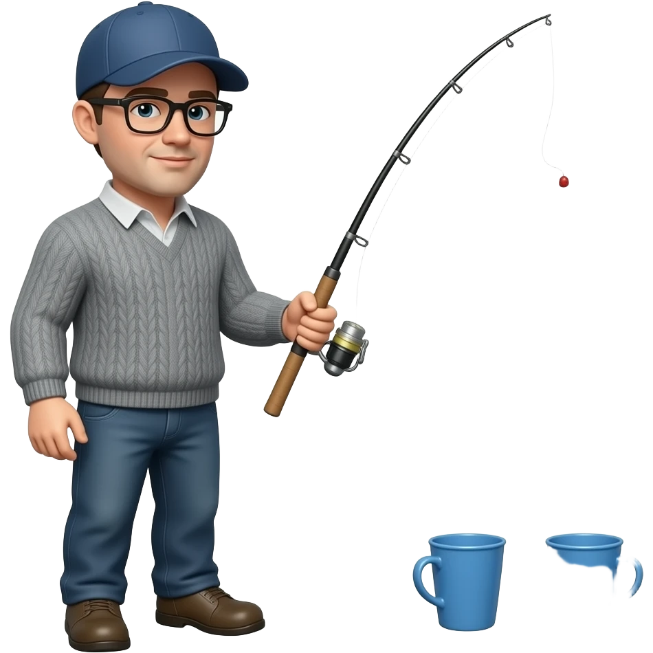 a fisherman standing towards the camera wearing a baseball cap and grey sweater looking at 2 blue cups on the ground holding a fishing rod emoji