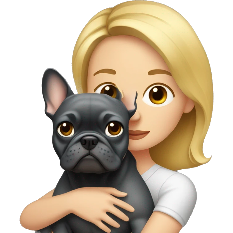 Honey blonde woman with hugging dark gray french bulldog emoji