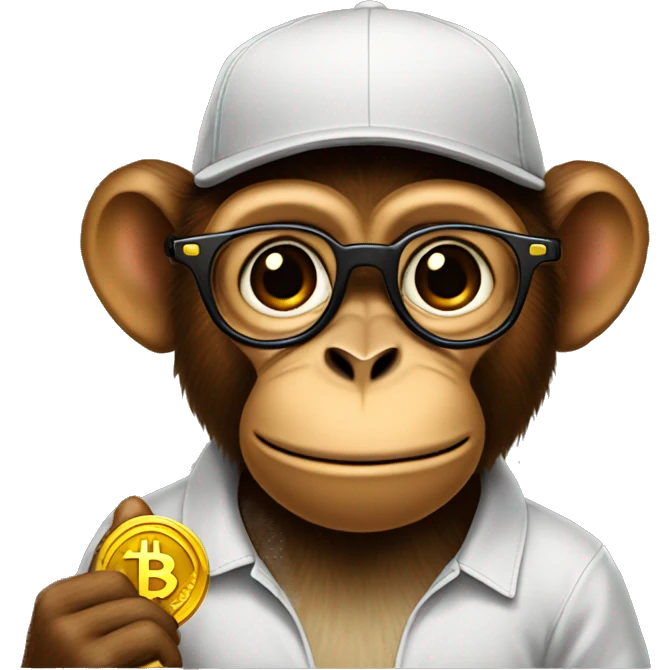 brown monkey in a cap with glasses holding a bitcoin emoji