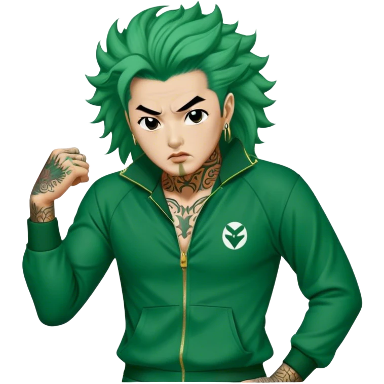 Jang Deok-su , Age: Late 50s
Appearance: A fierce man with tattoos, A large hair, have a tattoo on his neck.
Outfit: Green player tracksuit emoji