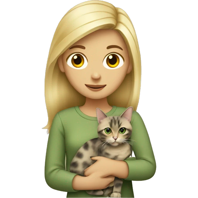 blonde girl wearing sage green holding tortoiseshell cat emoji