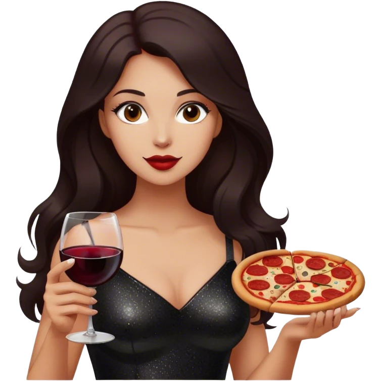 Beautiful woman in 1950’s woman fashion look, black shimmery dress, long dark brown hair, red wine, Pepperoni pizza emoji