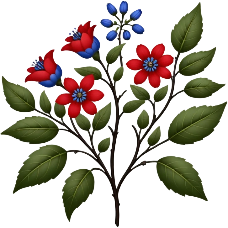 dull green leaves & red & blue flowers filigree design, small fruits, ebony branches, extremely detailed, complex design emoji