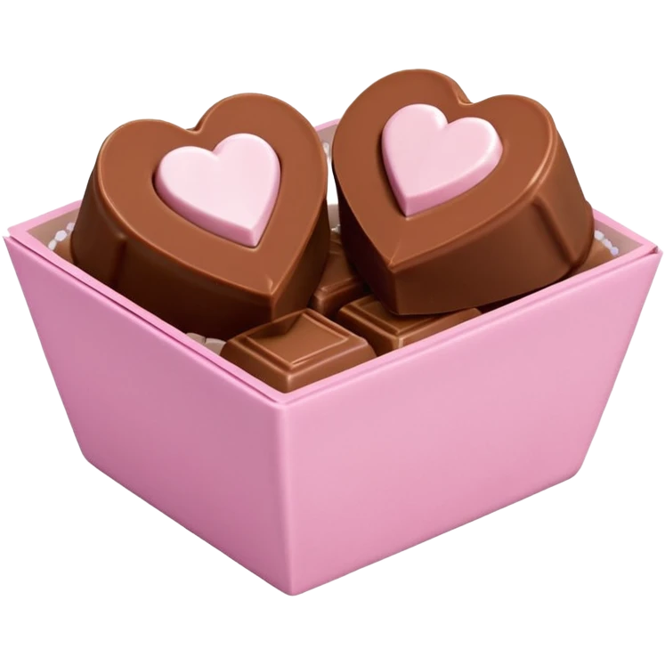 Two square milk chocolate 2 pralines only, Each praline is a sharp-edged cube with smooth glossy chocolate coating, placed in a small white fluted paper candy cup. On top of each cube is a flat pastel pink heart-shaped icing, thin and smooth, slightly translucent, with fine sugar crystal sparkle. emoji