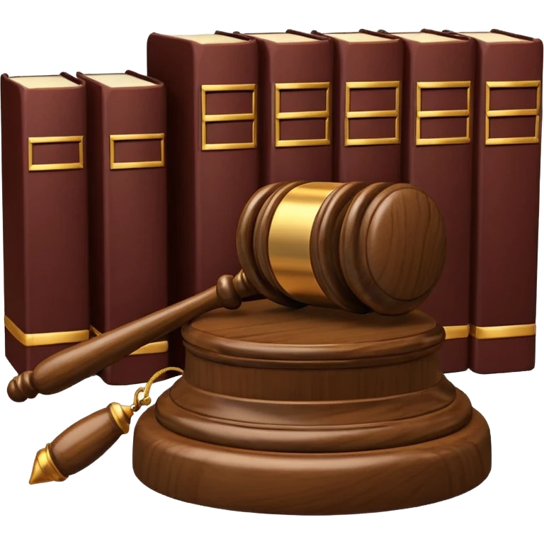 A 3D cartoon judge’s gavel resting on a block beside law books, warm wooden background, realistic Memoji-style rendering. emoji