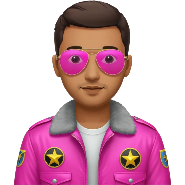 1980s cool man with stubble wearing reflective neon pink aviator sunglasses and a pilot topgun jacket emoji