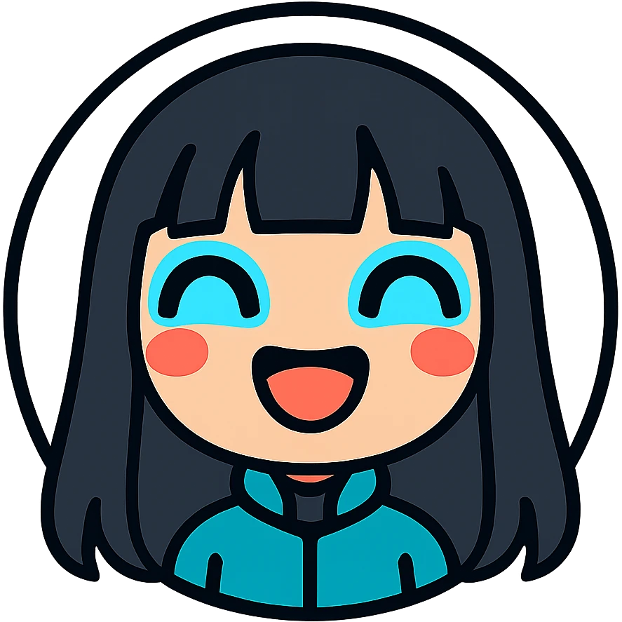 chibi cyberpunk girl with long straight black hair, large glowing neon-blue anime eyes, light peach skin, round face, small nose, soft cheeks, thin black line art, happy expression with big joyful smile, closed upside-down U-shaped eyes, cheeks puffed, bubbly glowing look, inside a thin black circle, pure white background emoji