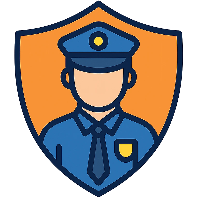 Professional security services logo, featuring a shield and a guard icon. emoji