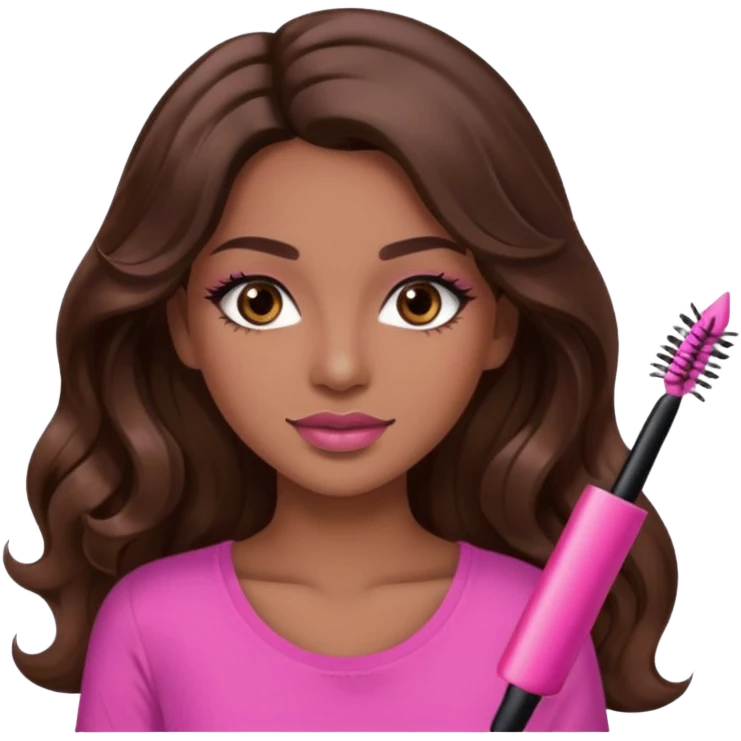 gorgeous woman, light brown skin, dark brown eyes, long wavy brown hair, pink top, wearing clear lipgloss and mascara  emoji