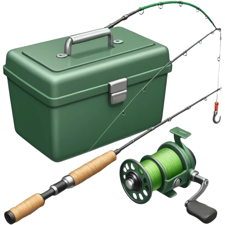 A fishing rod with reel and line neatly coiled beside a bait box.

 emoji