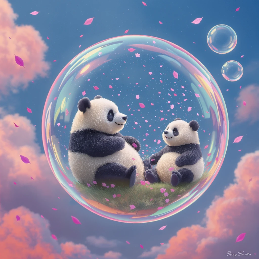 Minimalistic Cinematic still of pandas bears sitting inside flying bubbles, blue sky filling background , pink clouds, pink leafs falling around, disney style emoji
