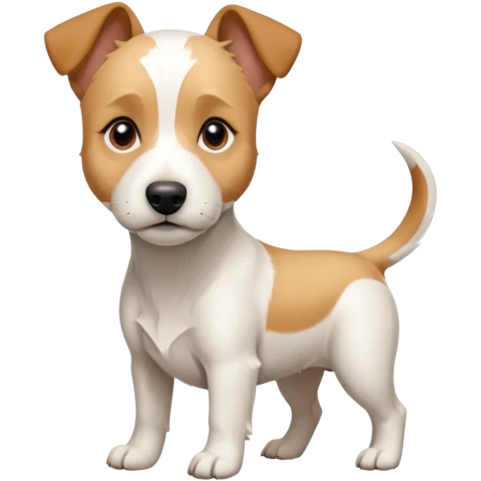 a full body facing front on of a buff white parson russell terrier looking dog the size of a kelpie with light brown long ears resting on its face and a light brown patch on one eye and a large snout. the rest of the dog is completely white.  emoji