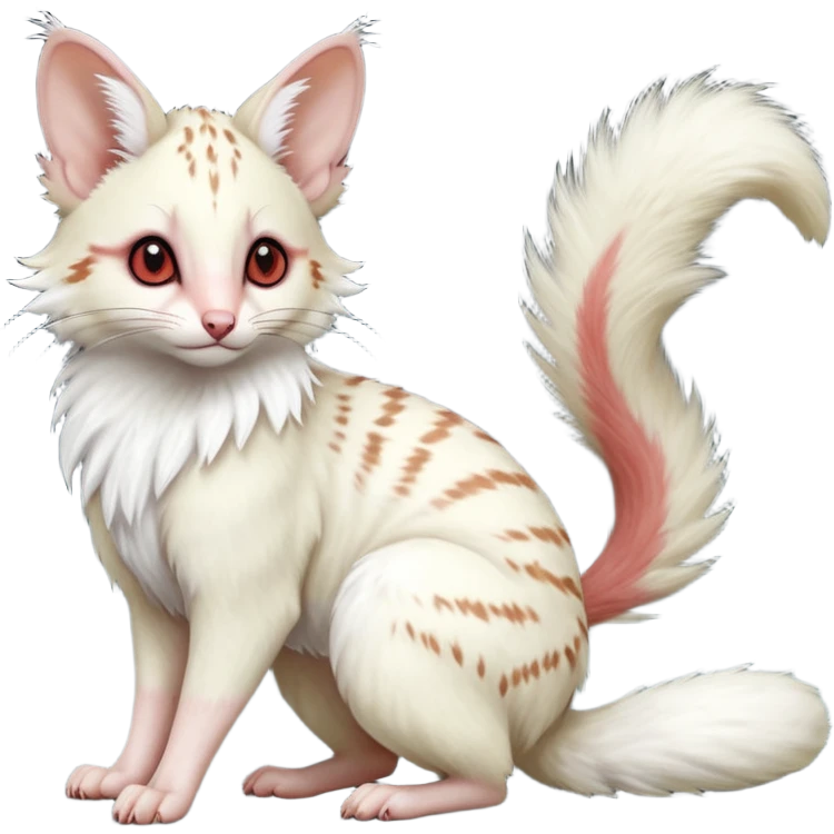 Albino-white, red-eyed soft natural realistic romantic vintage antique divine beautiful elegant pretty precious cute young youthful  Fakémon-Pokémon-opossum-feline-mouse-serval-caracal-chinchilla-Minccino-Cinccino-Meowstic-rodent-hybrid-creature with a big fluffy bushy tail (full body) emoji