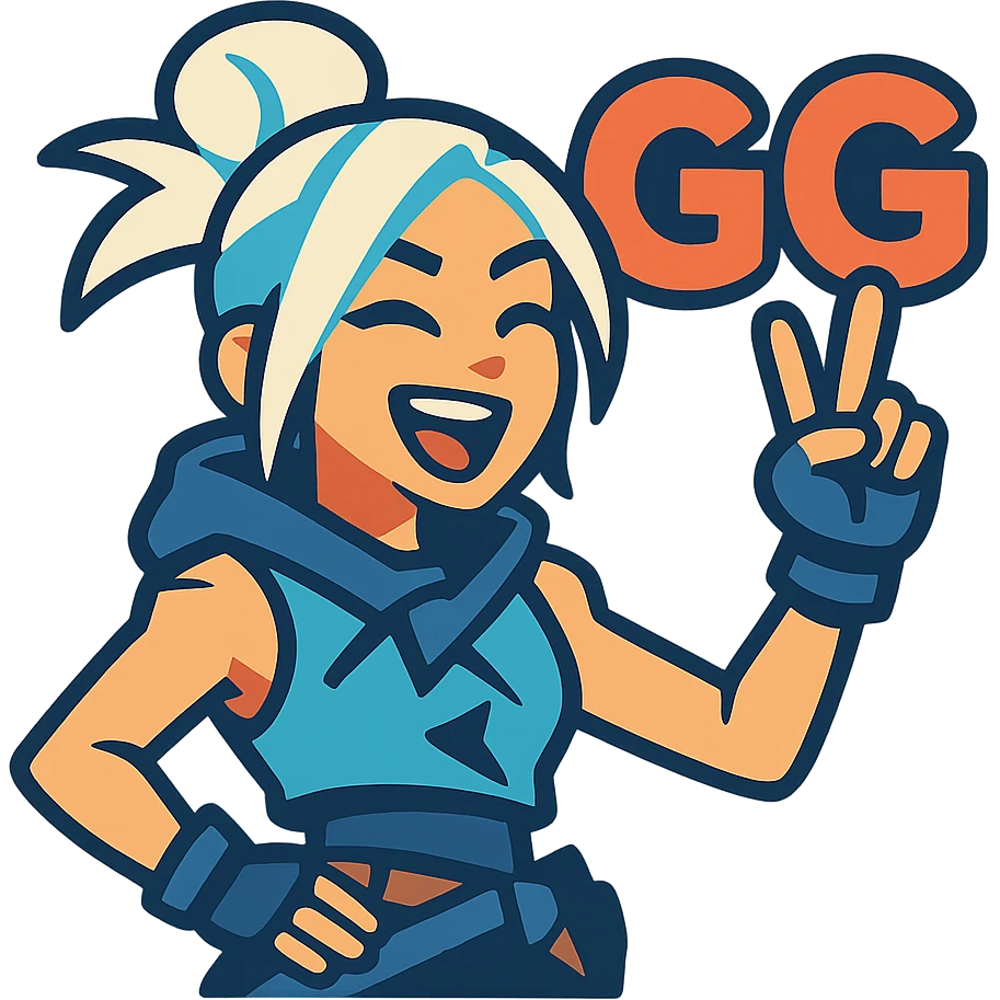 Jett from Valorant presenting 'GG' text, playful and victorious, vibrant colors emoji