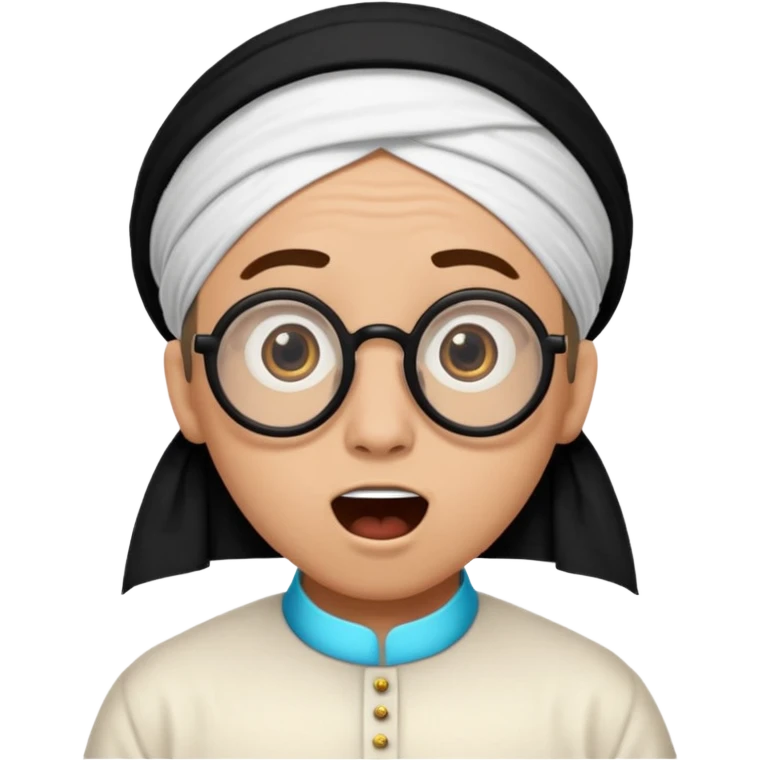 A person with light skin tone, wearing a traditional white ghutra with a black agal, large brown eyes, round glasses, and an open mouth showing a surprised or shocked expression. emoji