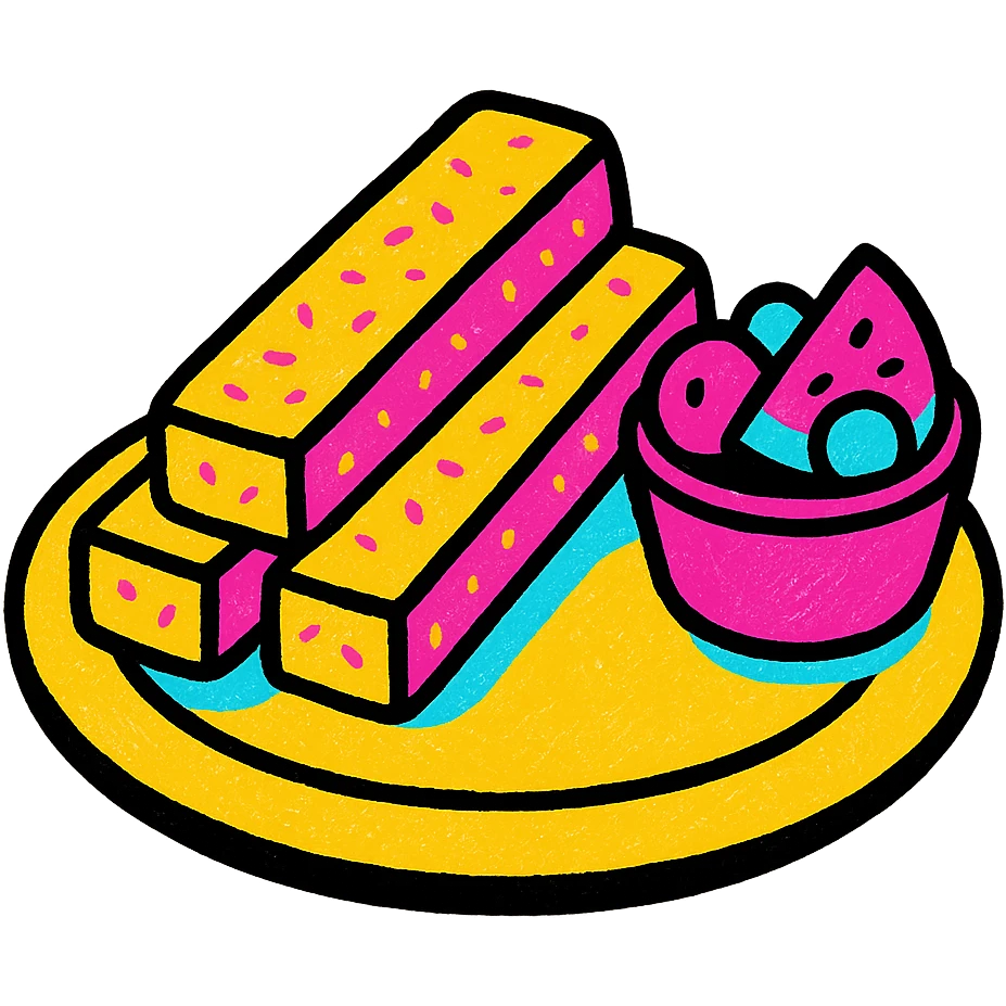 french toast sticks, served with a side of fruit, vibrant colors, clean background emoji