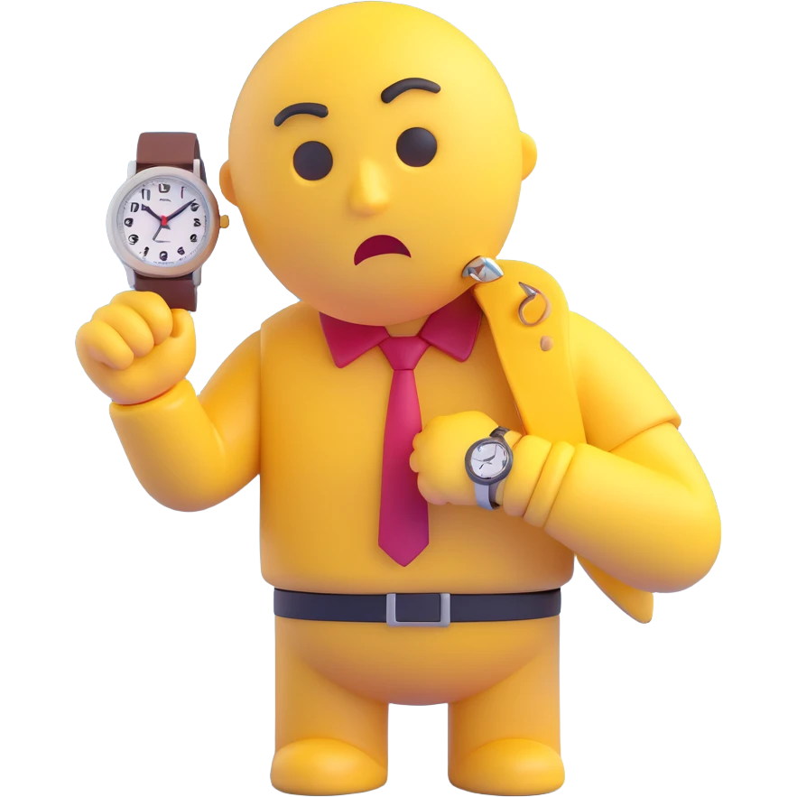 A yellow emoji face with a worried expression, looking at a wristwatch with raised eyebrows, showing urgency and stress emoji