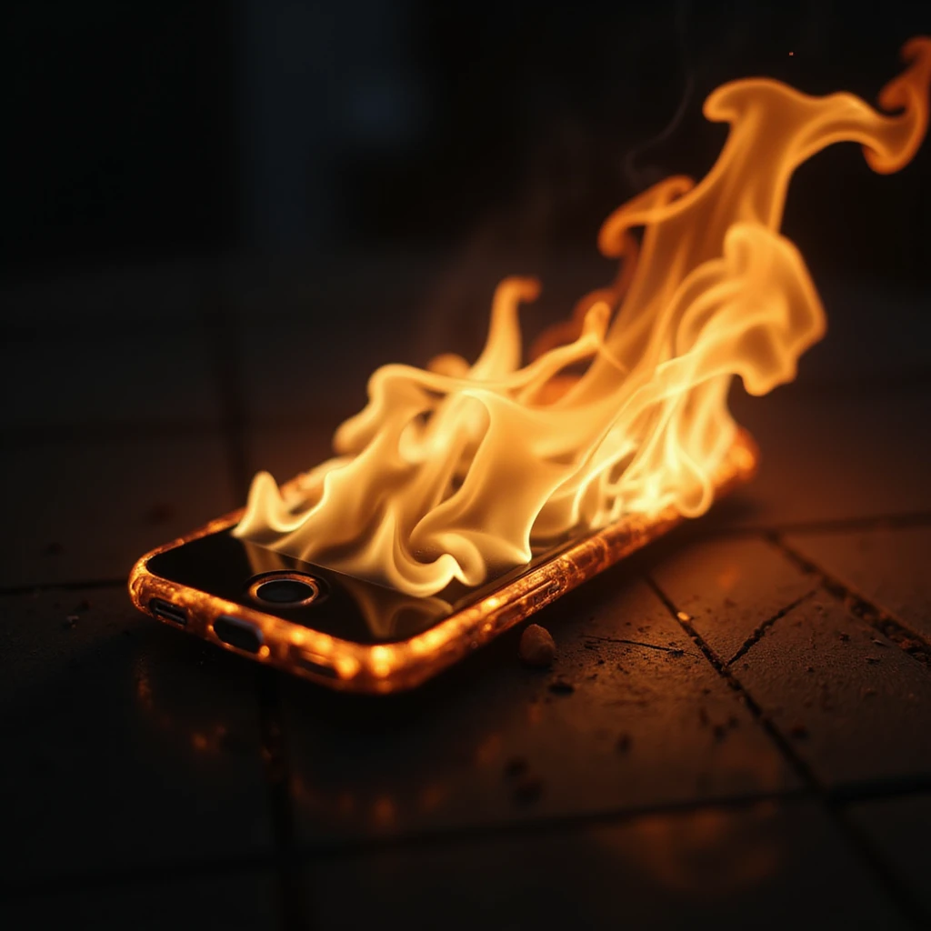 mobile phone on fire, hyper-realistic, close-up, detailed fire and smoke emoji
