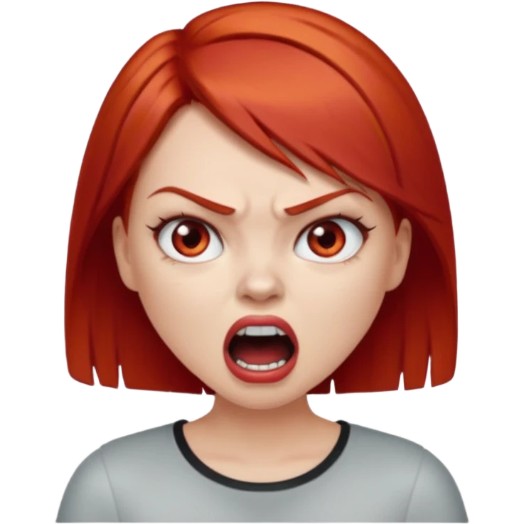 una chica con los labios y los ojos maquillados, de piel blanca con el pelo liso y corto y pelirrojo enojada gritando emoji