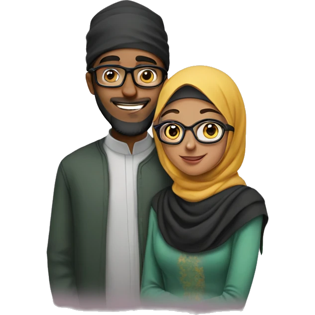 A young Muslim woman with green glasses and her young Muslim husband hug emoji