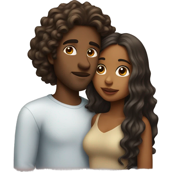 Fair guy kissing a brown girl with wavy long hair emoji