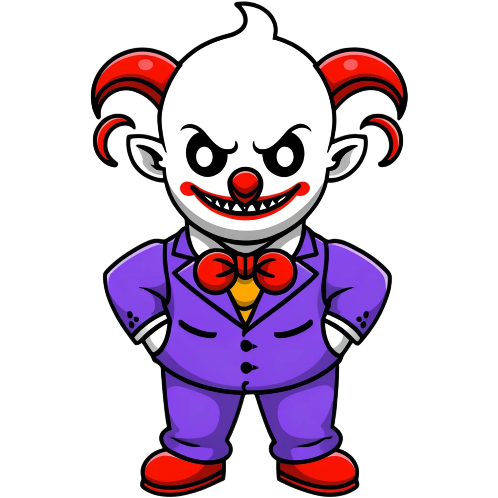 demonic clown wearing a leisure suit, bald with ram horns emoji