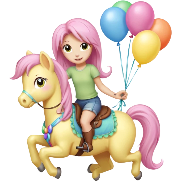 fluttershy mlp holding colorful balloons tied to its saddle, looking cheerful. emoji