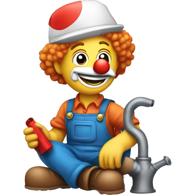 clown face emoji as a plumber sitting and fixing pipe emoji