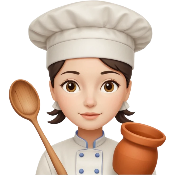 cartoon Apple iOS emoji style woman, pastel colors, Chilean wooden kitchen background, clay pots, warm light, detailed and clean vector art emoji
