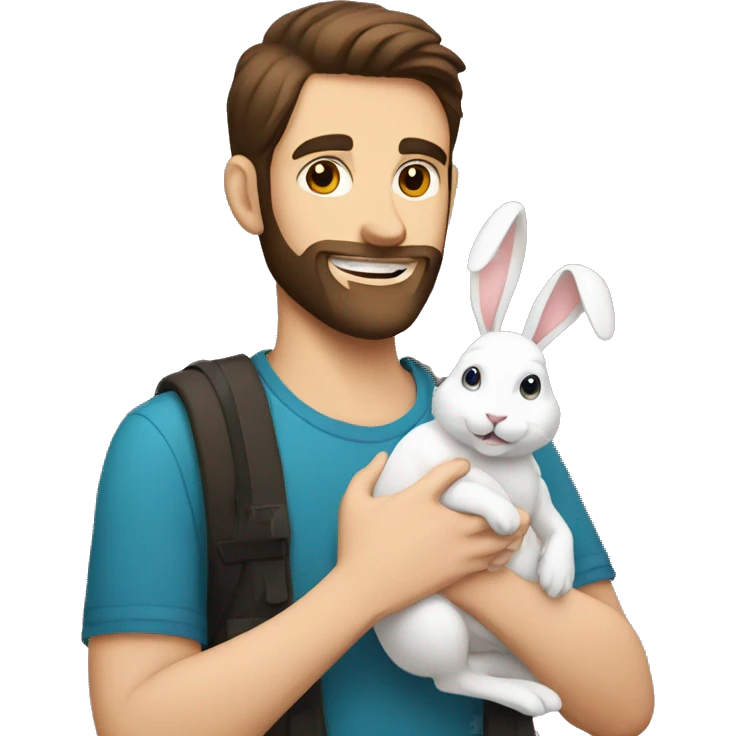 Brunette guy with a beard holds a white rabbit  emoji