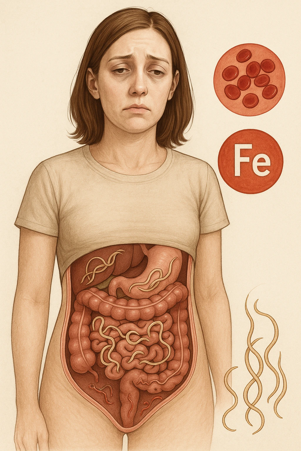 donna con parassiti intestinali che amano la sua carenza di ferro così possono svilupparsi. Immagini realistiche emoji