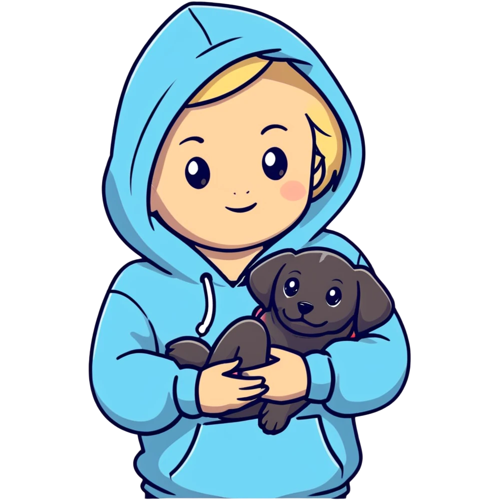 Blonde girl with smooth hair and a center part, light skin with freckles, wearing a hoodie and carrying a black baby labrador puppy in her arms emoji