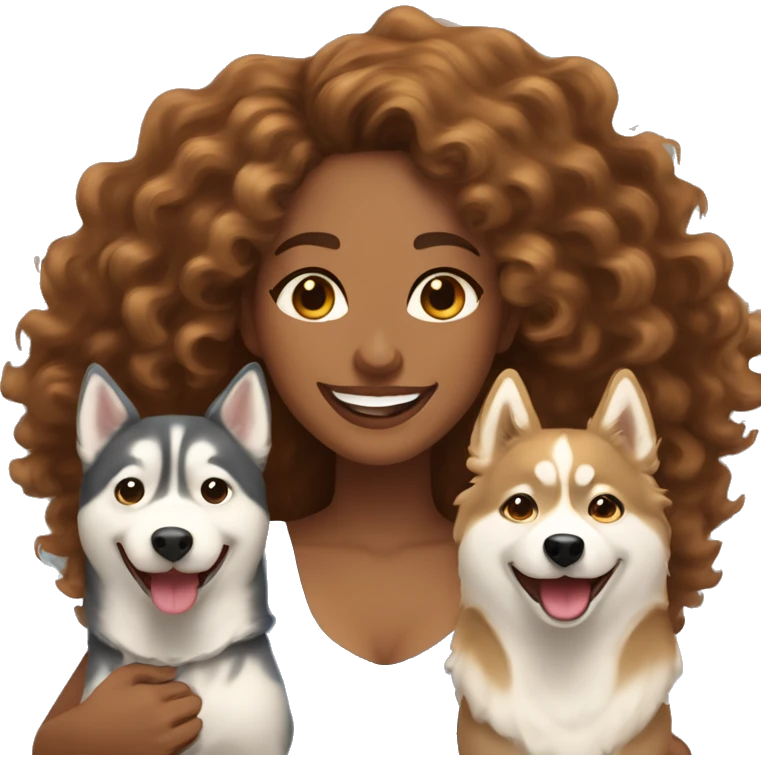 light skin woman with long honey brown curly hair expressing joy alongside two husky's emoji