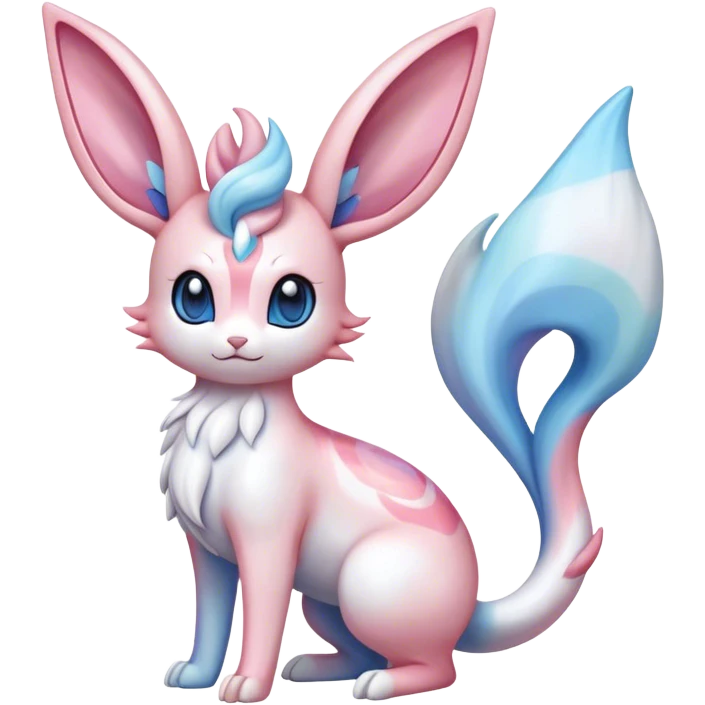 Feral Rare Fantasy cute realistic adorable pastel pink light-blue white iridescent Sylveon-Milotic-Minccino-Vernid-hybrid by LiLaiRa, markings, full body emoji
