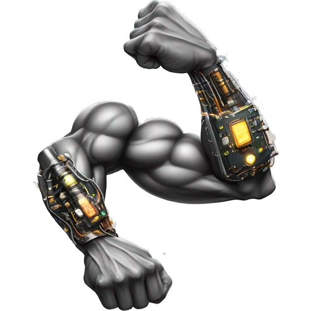 Flexing cyborg bicep and forearm with circuits and shocks emoji