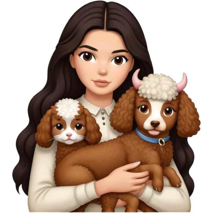 Kendall Jenner with long dark hair holding a brown poodle and a cow cat in her arms emoji