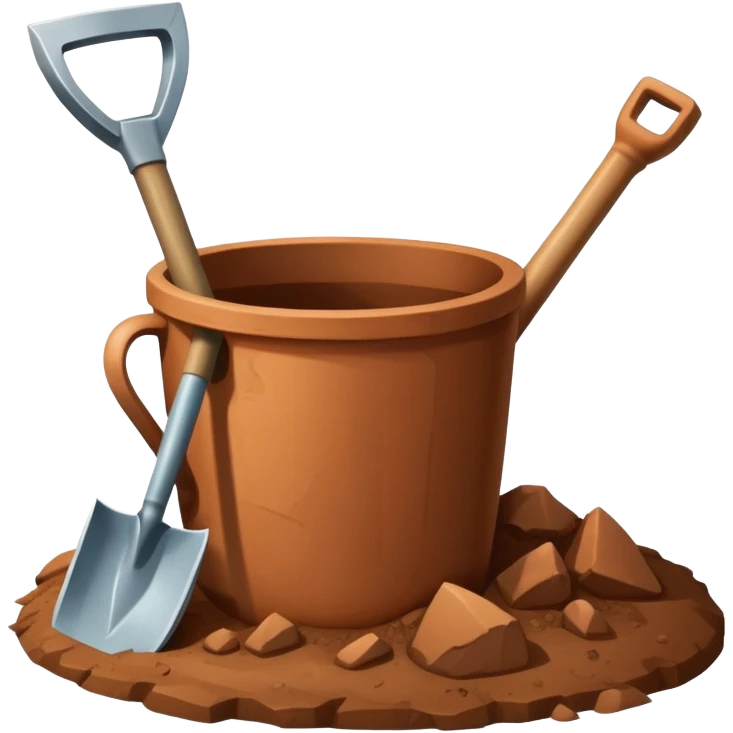 An icon featuring a shovel, pickaxe, and an ancient artifact like a broken pot, symbolizing the essentials of archaeology. The design focuses on the tools of excavation and discovery, recognizable look. Transparent background. emoji