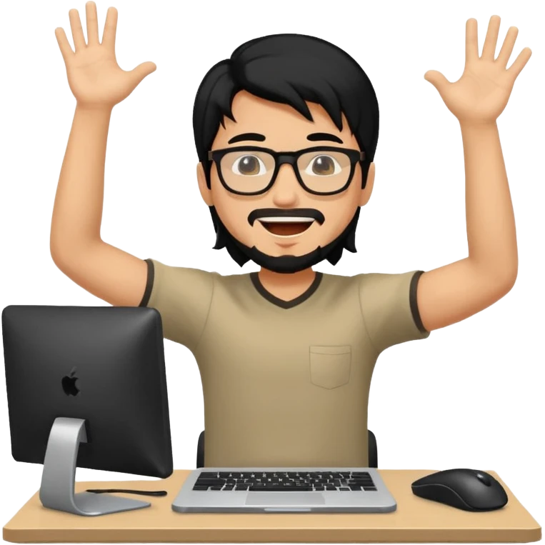 a young man with long black hair, with goatee, wearing glasses sitting with a computer, his arms up,cheering emoji