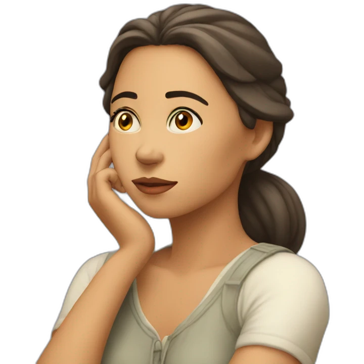 pensive, thoughtful woman touching her chin and looking up emoji