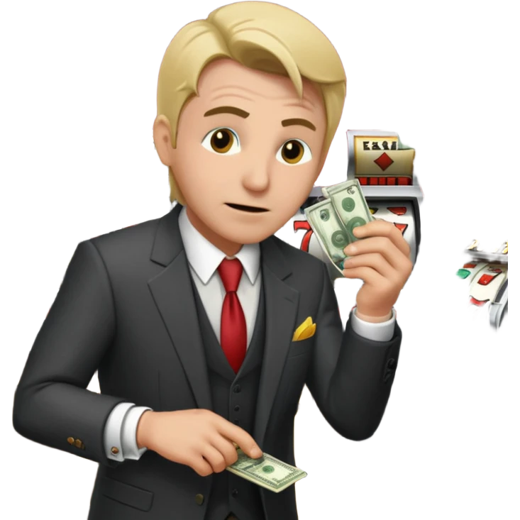 frantic gambler scraping a slot machine, money pouring out, distressed expression, casino setting emoji