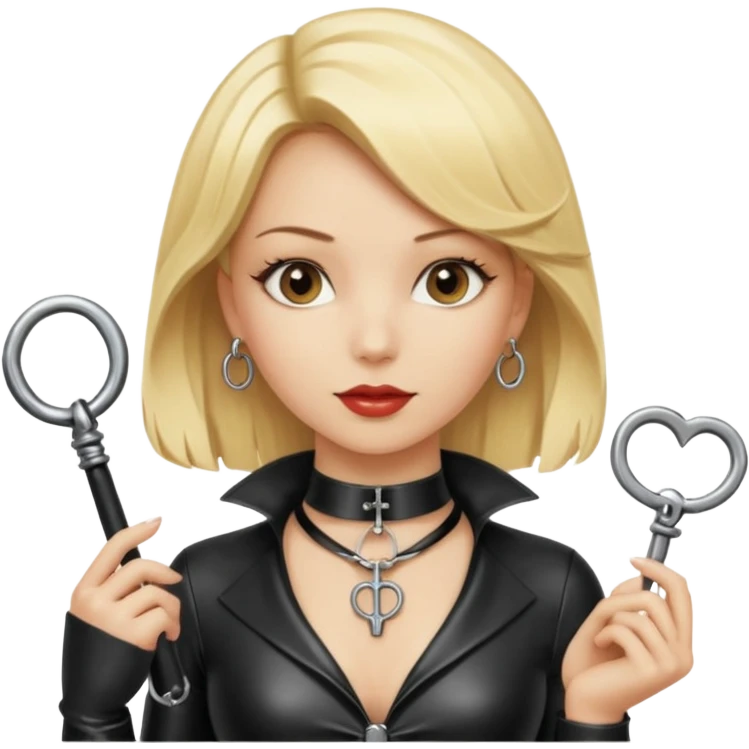 Dominatrix with blonde hair, latex outfit, old fashioned key necklace, and a whip emoji