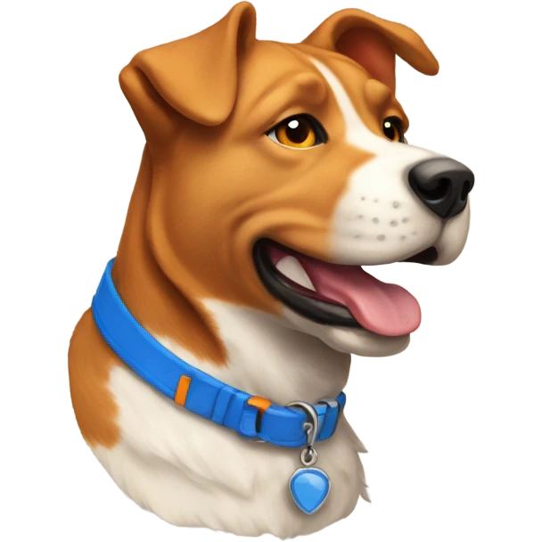 happy cute american stafford with simple blue collar with orange pendant from half side perspective emoji