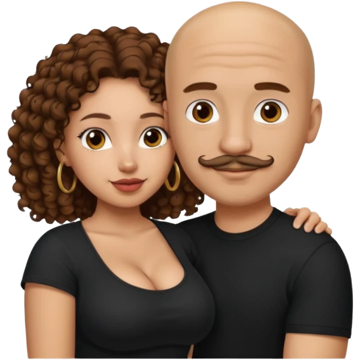 A mixed girl, the girl is wearing a black shirt, the girl has brown curly hair  and the girl has big boobs. A Mexican man is embracing her, with bald hair and a short mustache  emoji