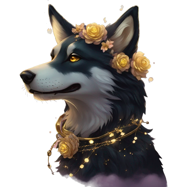 Black iridescent fluffy dog fox head zombie skeleton gold mechanical nebula galaxy stars flowers fairy lights vintage emoji