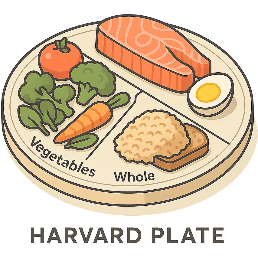 Harvard plate, isometric view, 50% vegetables, 25% proteins, 25% complex carbohydrates, foods labeled, very detailed drawing, shadows and highlights, clean contours, soft lighting, transparent background emoji