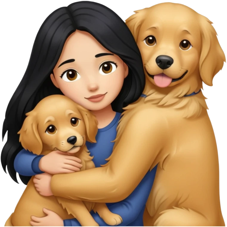 A girl with long black  hair tightly hugged a Golden Retriever emoji