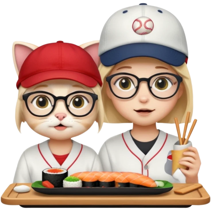 cute girl cat wearing glasses and a cute boy cat wearing a baseball cap eating sushi together emoji