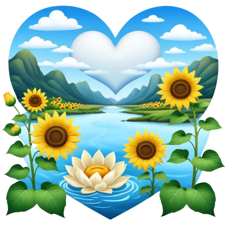 Good morning Sunshine with heart clouds and sunflowers and white lotus flowers and a river  emoji