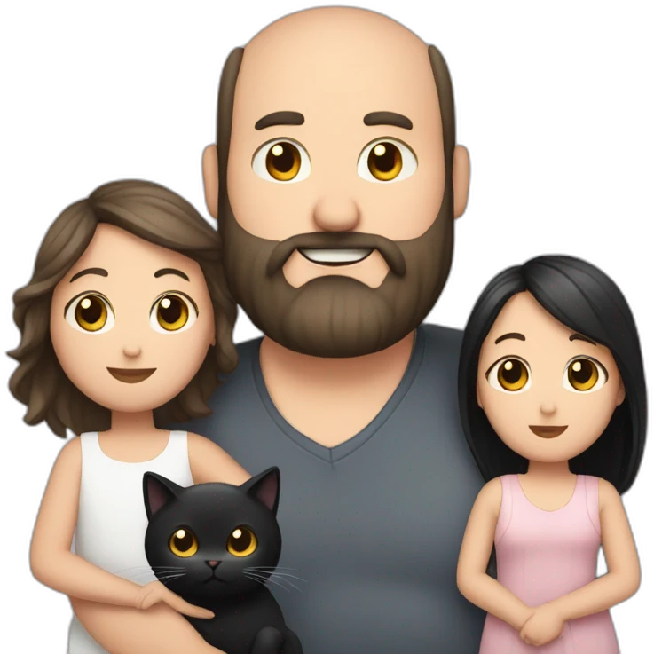 Family photo a fat husband with a beard is holding a white cat and wife with straight hair is holding a black cat emoji